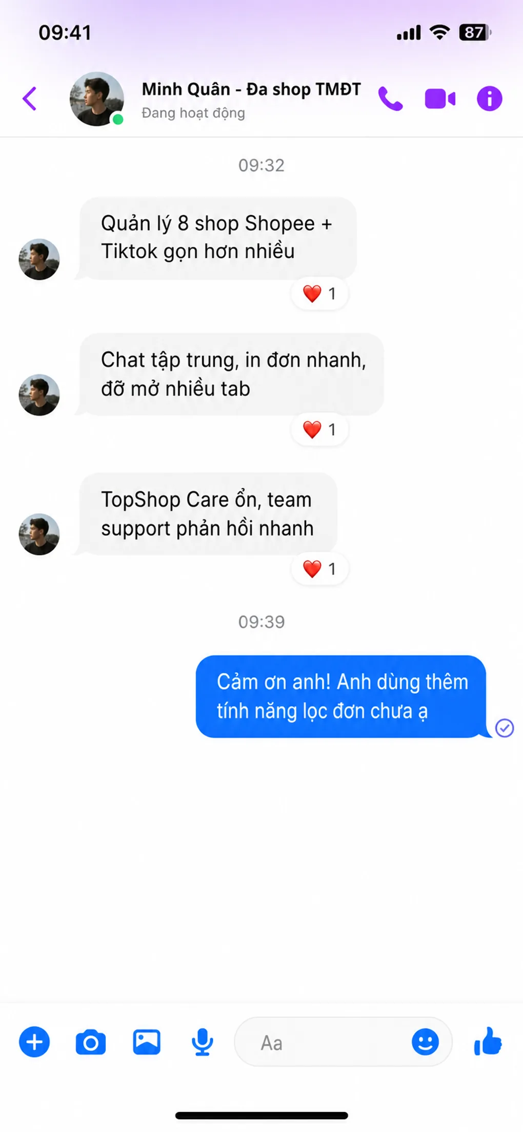 Phản hồi Facebook Messenger về TopShop Care