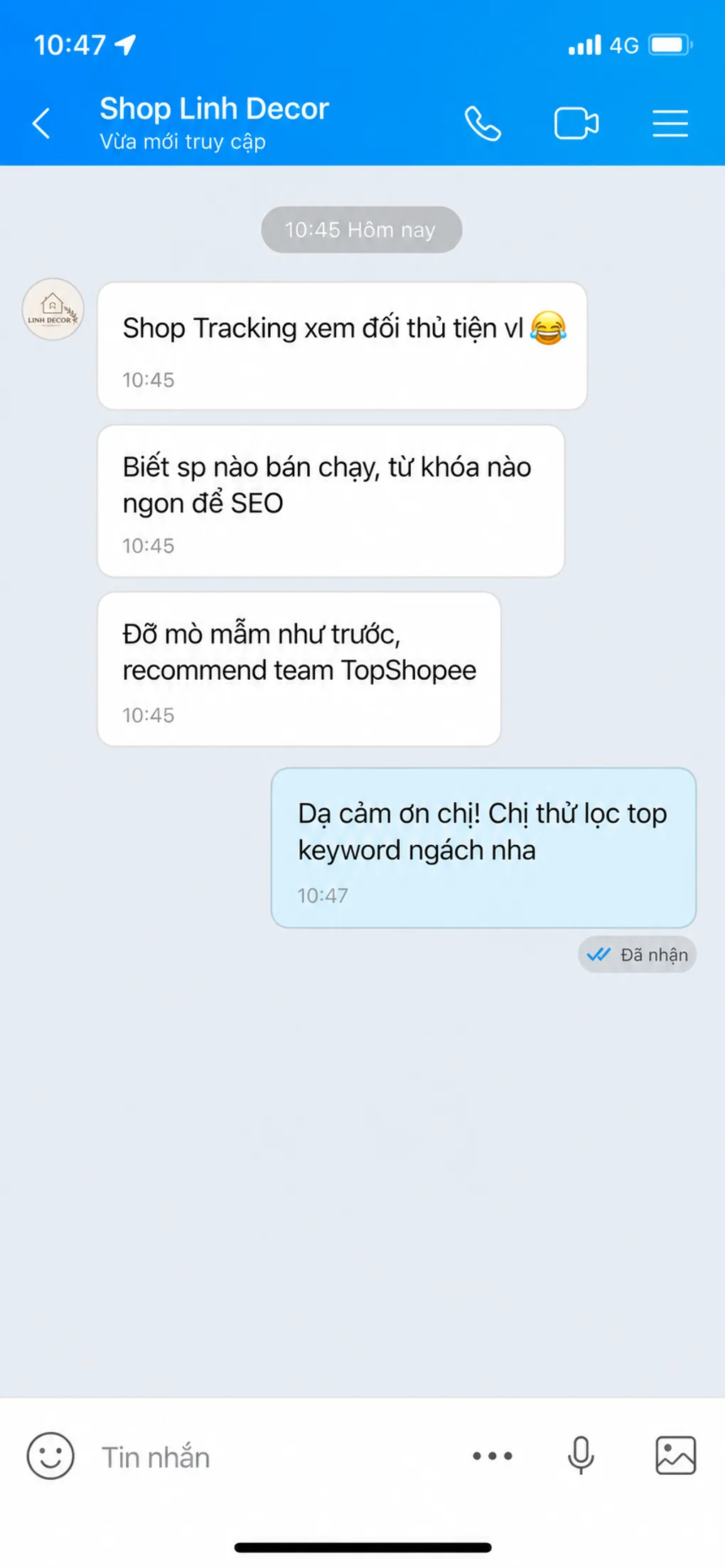 Phản hồi Zalo về Shop Tracking