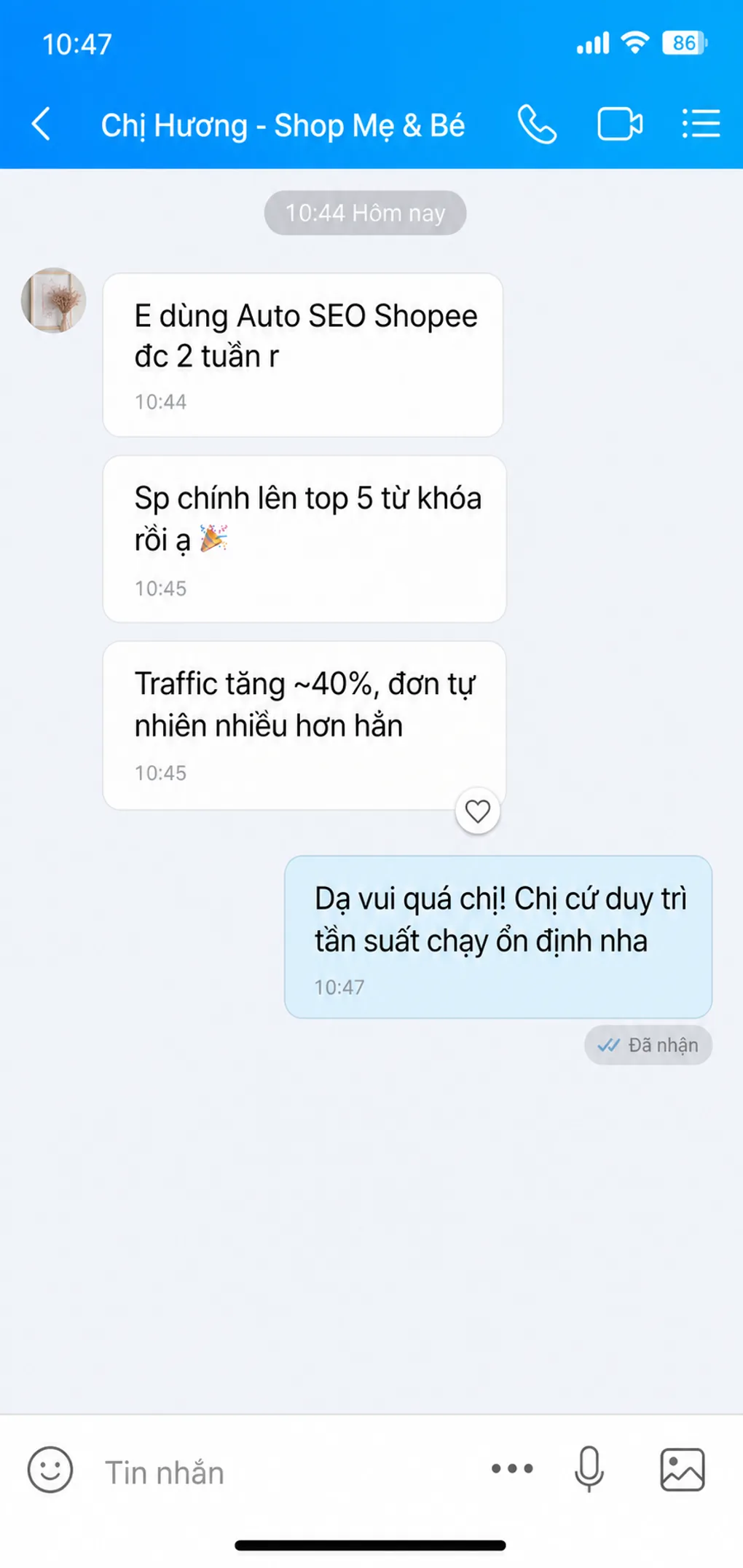 Phản hồi Zalo về AutoSeo Shopee